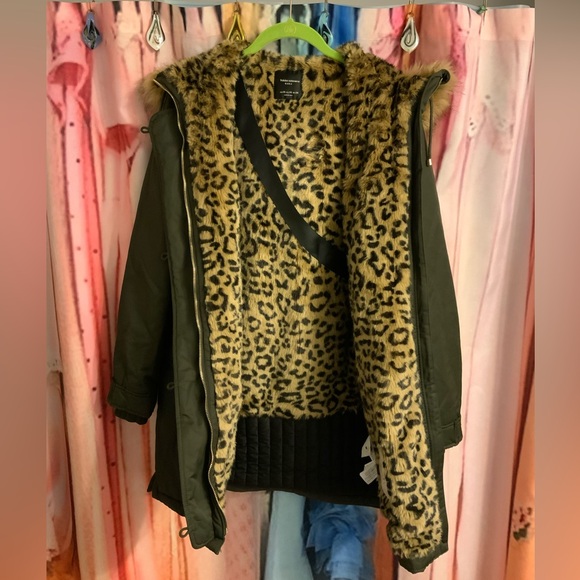 Warm Green Cheetah Fur-Trimmed Parka Coat Zara Trafaluc XS Animal Print - Picture 4 of 4